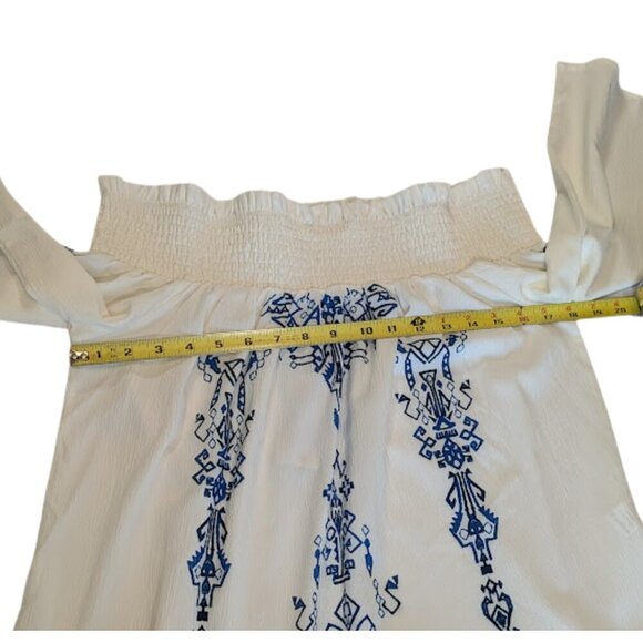 White & Blue Boho Print Off-Shoulder Top – Size L - Picture 4 of 7
